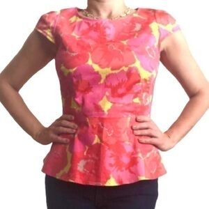 PINK RED YELLOW FLORAL PEPLUM TOP LOFT